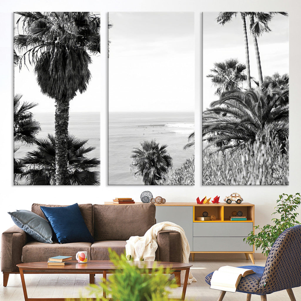Palm Trees Wall Art Canvas Print, Framed Coastal Ocean Horizon Monochrome Art