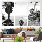 Palm Trees Wall Art Canvas Print, Framed Coastal Ocean Horizon Monochrome Art