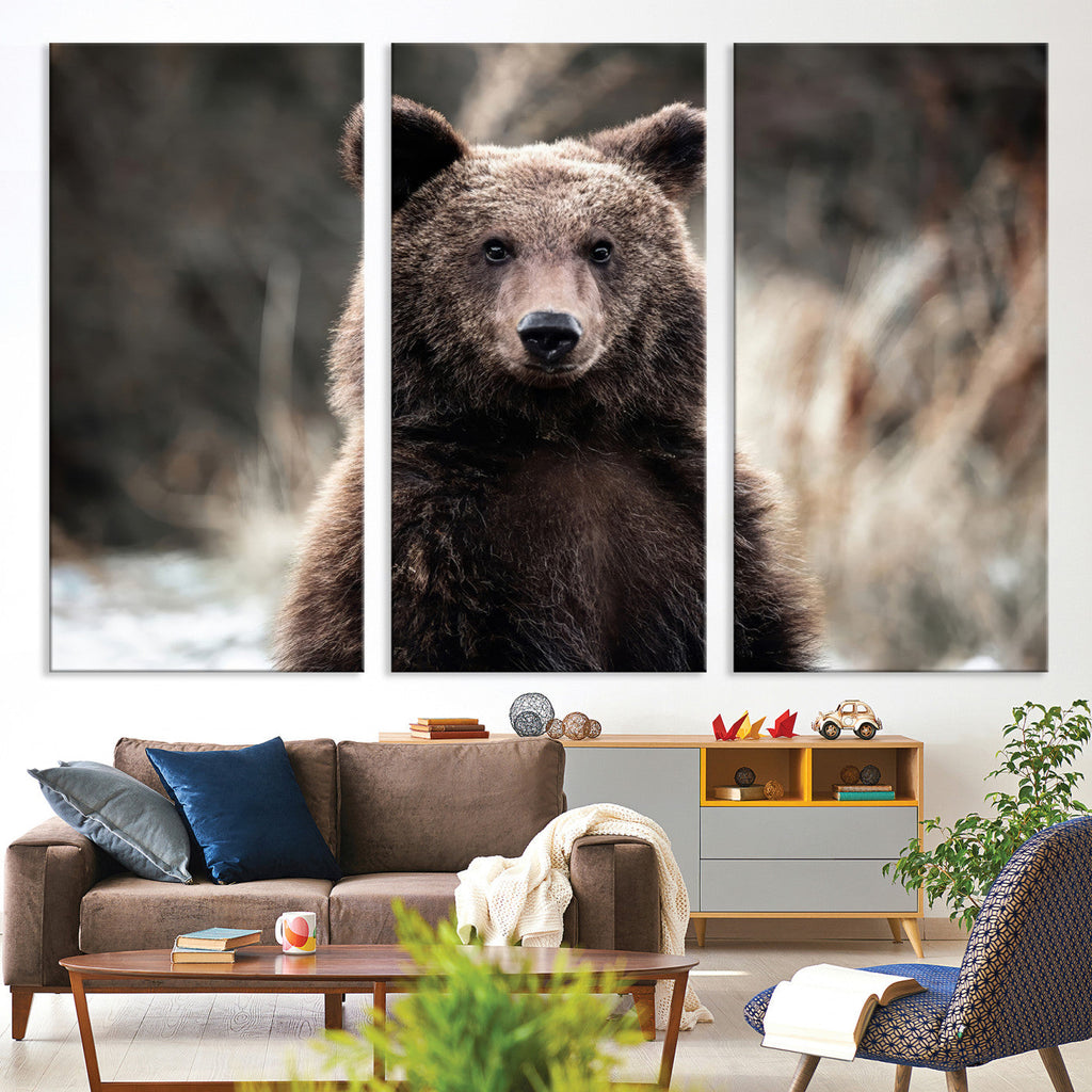 Brown Bear Wall Art Canvas Print, Framed Majestic Woodland Wildlife Cabin Art