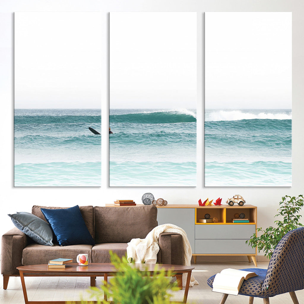 Surfing Wall Art Canvas Print, Framed Minimalist Ocean Waves Beach Art