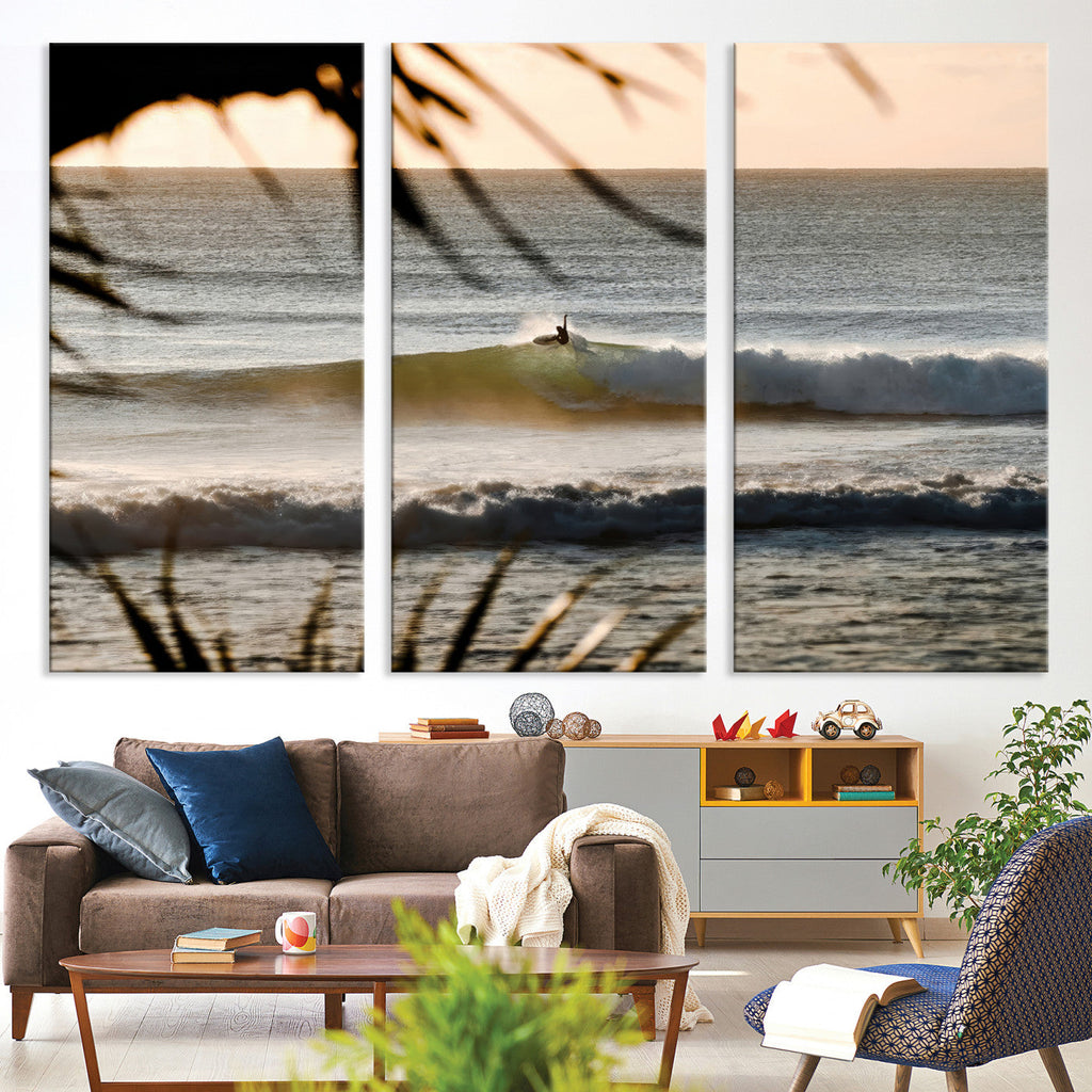 Sunset Surf Wall Art Canvas Print, Framed Golden Hour Waves Boho Beach Art