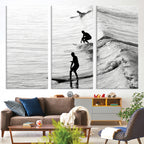 Surfers on Waves Wall Art Canvas Print | Framed Black and White Surf