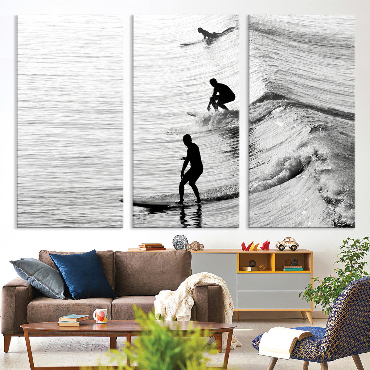 Surfers on Waves Wall Art Canvas Print | Framed Black and White Surf