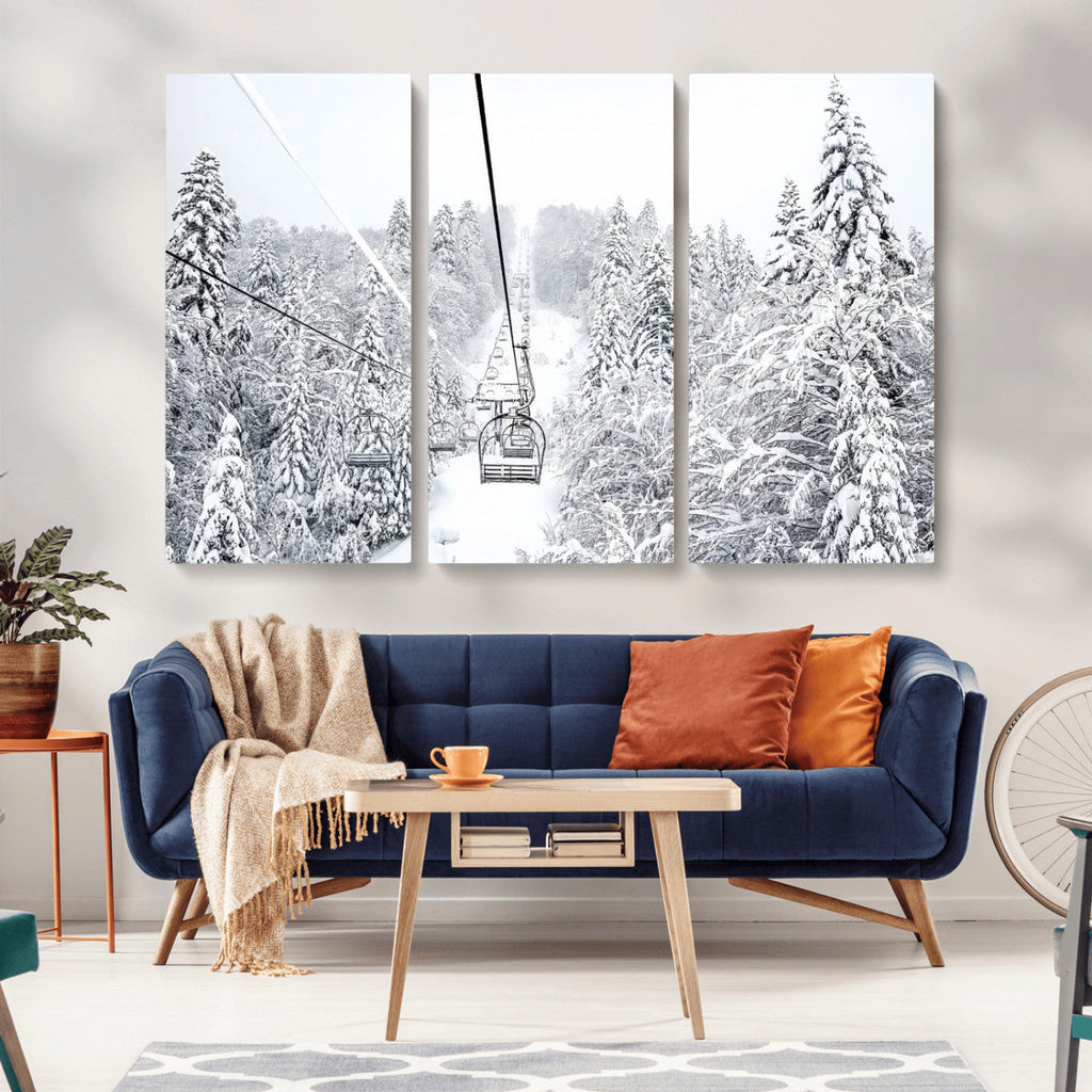 Snowy Ski Lift Wall Art | Framed Winter Mountain Canvas