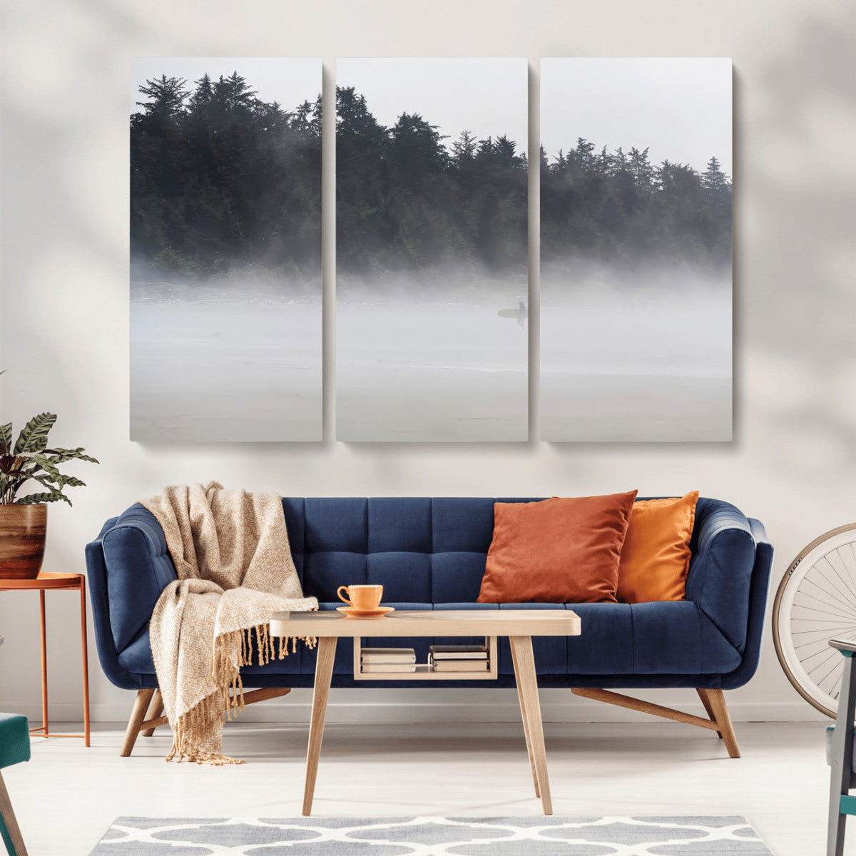 Surfer Fog Wall Art Canvas Print, Framed Foggy Beach and Coastal Surf Scene