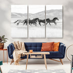 Wild Horses Running Wall Art Canvas Print, Framed Black White Mustangs Artwork