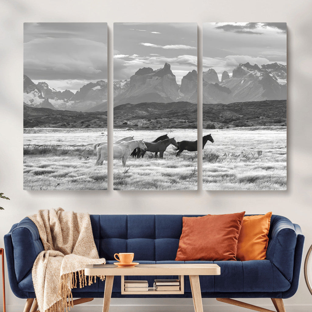 Wild Horses Wall Art | Framed Black White Mountain Canvas