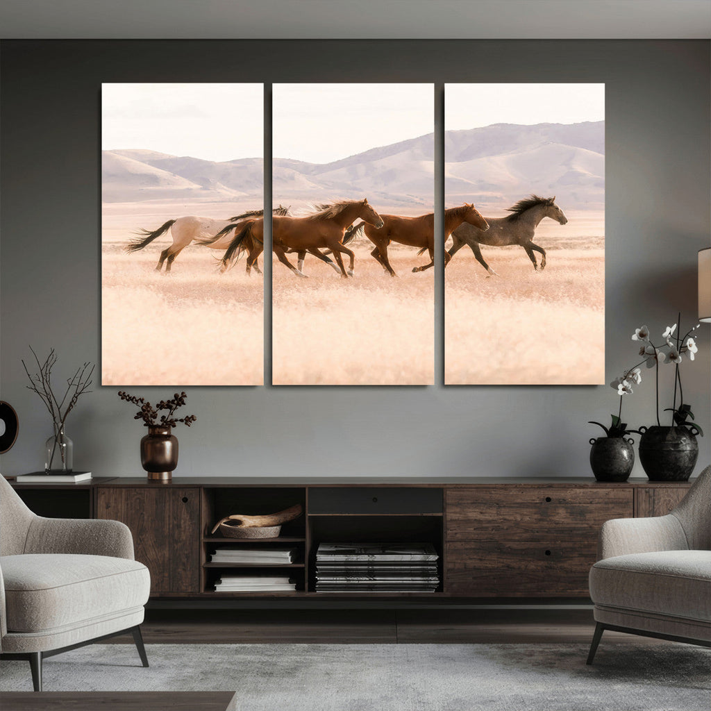 Wild Horse Wall Art Canvas Print, Framed Rustic Western Art, Desert Horse Scene