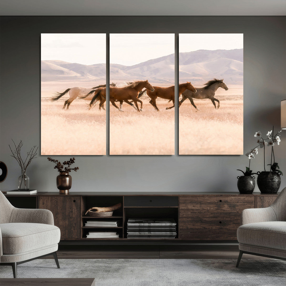 Wild Horse Wall Art Canvas Print, Framed Rustic Western Art, Desert Horse Scene