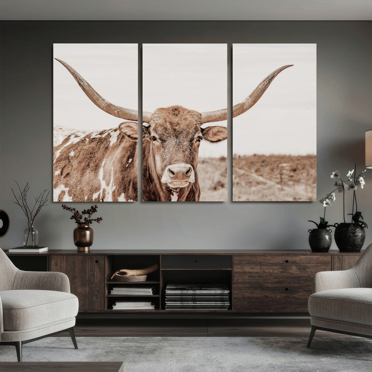 Longhorn Cow Wall Art Canvas Print, Framed Texas Ranch Print, Western Bull Art, Cowboy Decor