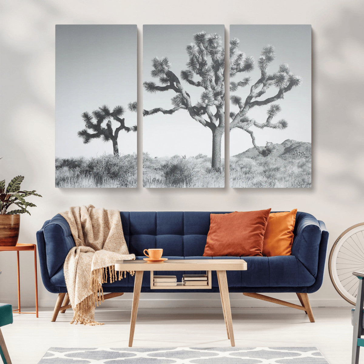 Joshua Tree Wall Art Canvas Print, Framed Black and White Desert Landscape Artwork
