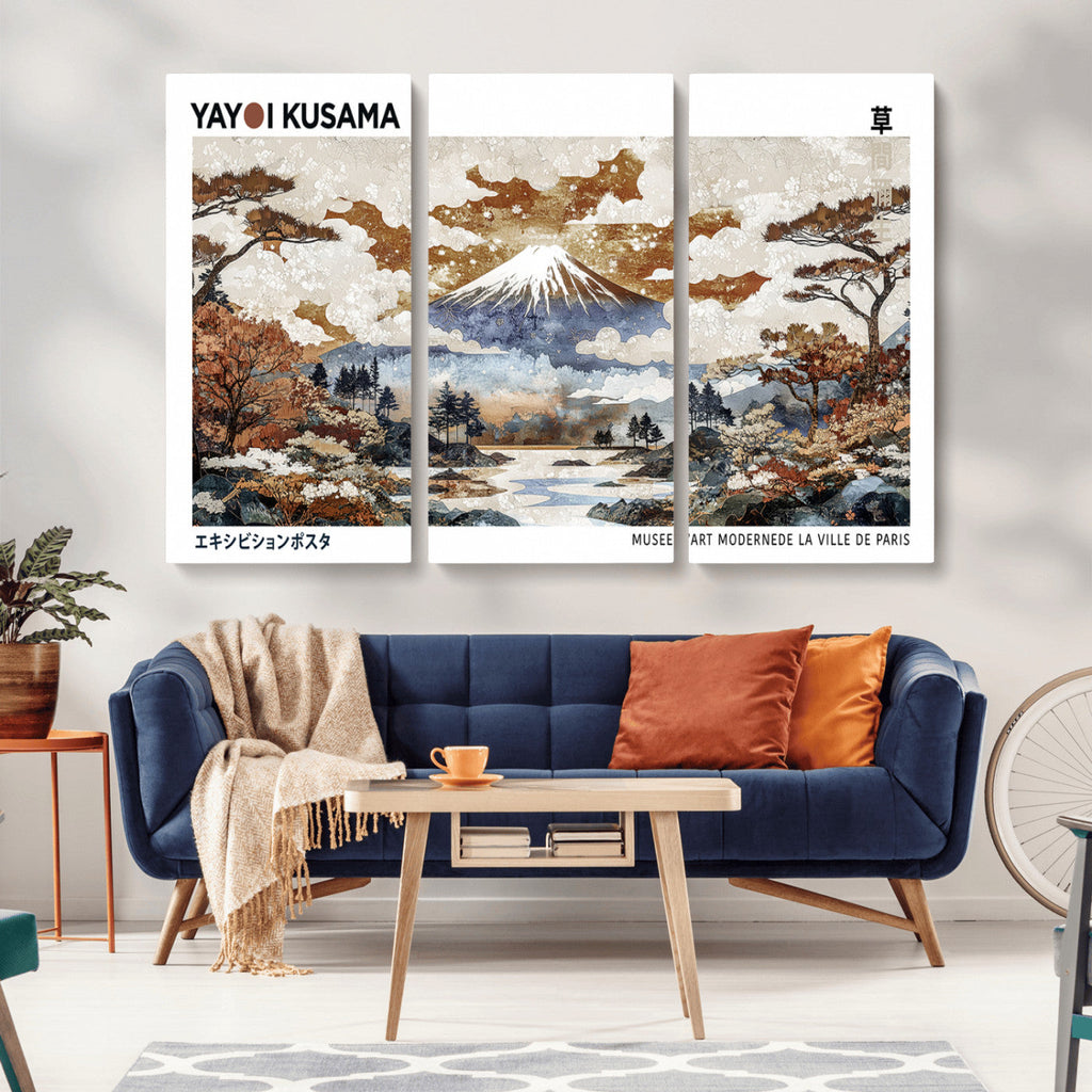 Modern Japanese Mount Fuji Canvas Art Print, Yayoi Kusama Wall Art, Framed Abstract Japanese Landscape