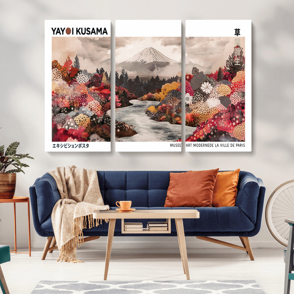 Modern Japanese Wall Art Canvas Print, Framed Abstract Mount Fuji Art, Yayoi Kusama Japanese Landscape