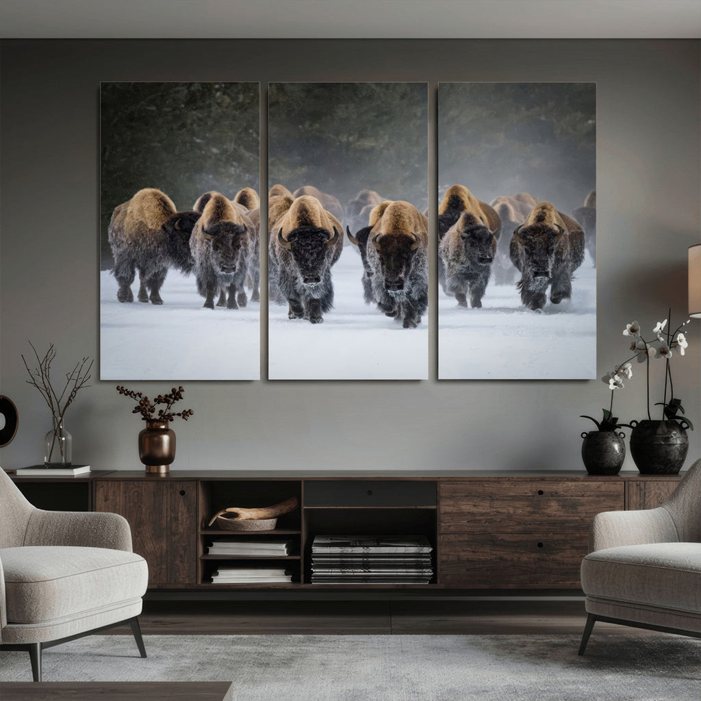 Bison Herd Wall Art Canvas Print, Framed Rustic Wildlife Decor, Snowy Bison Landscape