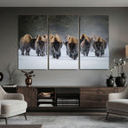 Bison Herd Wall Art Canvas Print, Framed Rustic Wildlife Decor, Snowy Bison Landscape