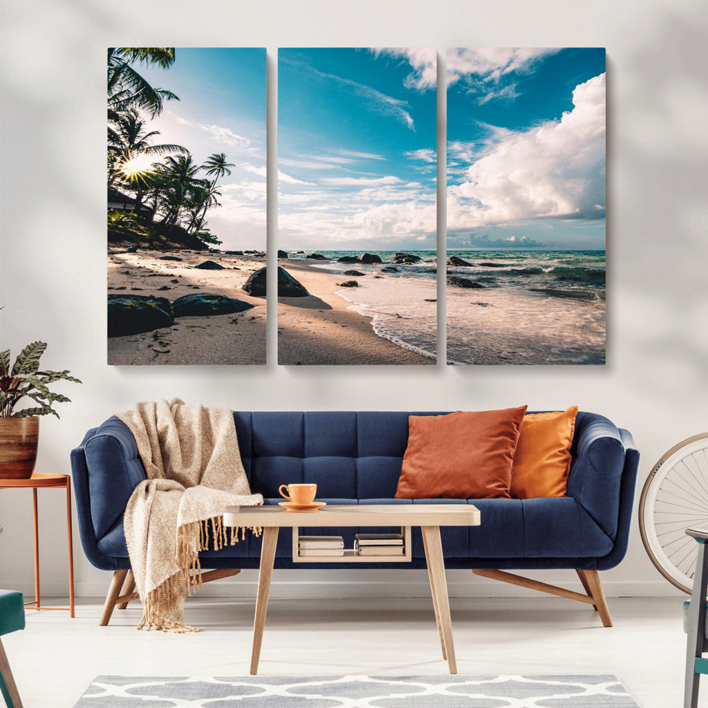 Tropical Beach Wall Art Canvas Print, Framed Ocean Waves Relaxing Seascape