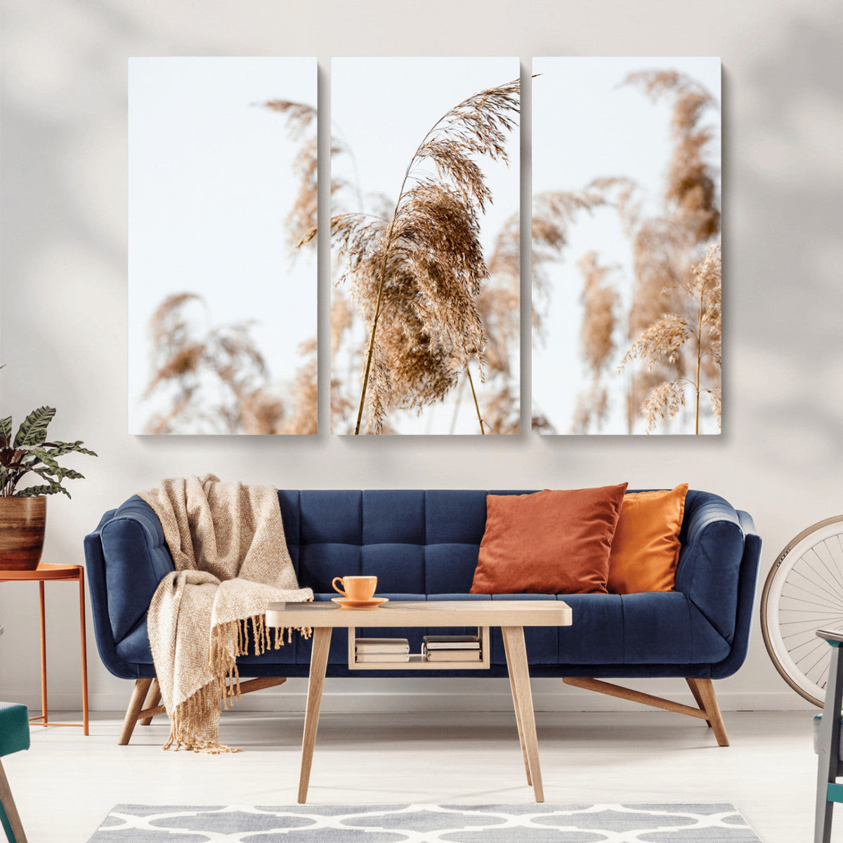 Pampas Grass Wall Art Canvas Print, Framed Neutral Tones Minimalist Boho
