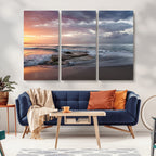 Golden Hour Wall Art Canvas Print, Framed Tranquil Waves Beach Sunset