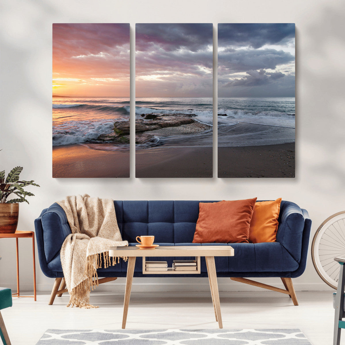Golden Hour Wall Art Canvas Print, Framed Tranquil Waves Beach Sunset