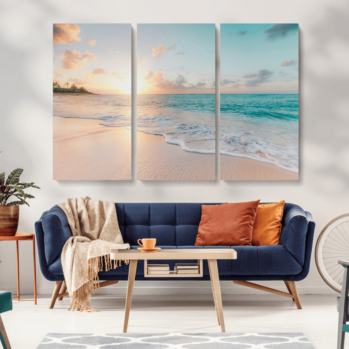 Beach Sunset Wall Art Canvas Print, Framed Ocean Waves Summer Escape