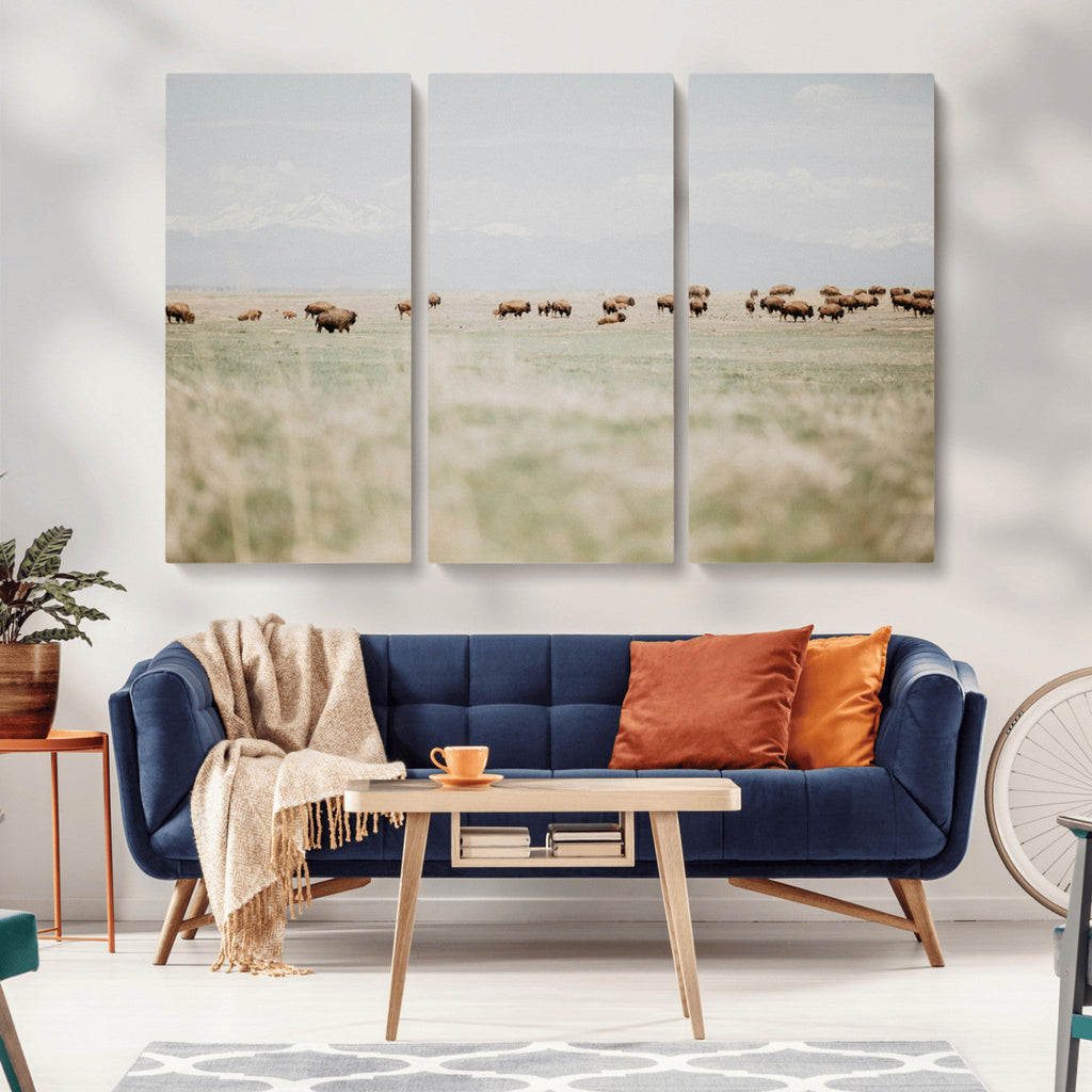 Bison Herd Wall Art Canvas Print, Framed Western Ranch Nature Scene