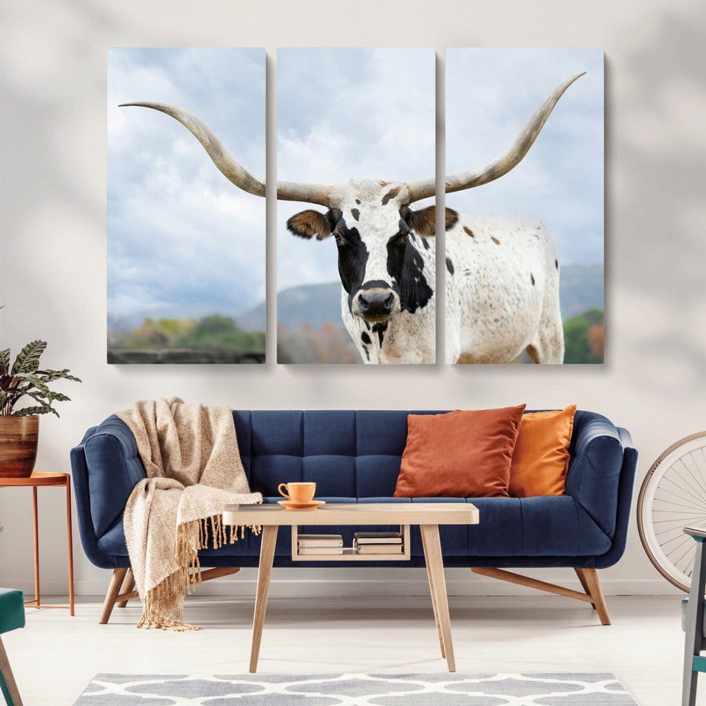 Texas Longhorn Wall Art Canvas Print, Framed Western Rustic Farmhouse