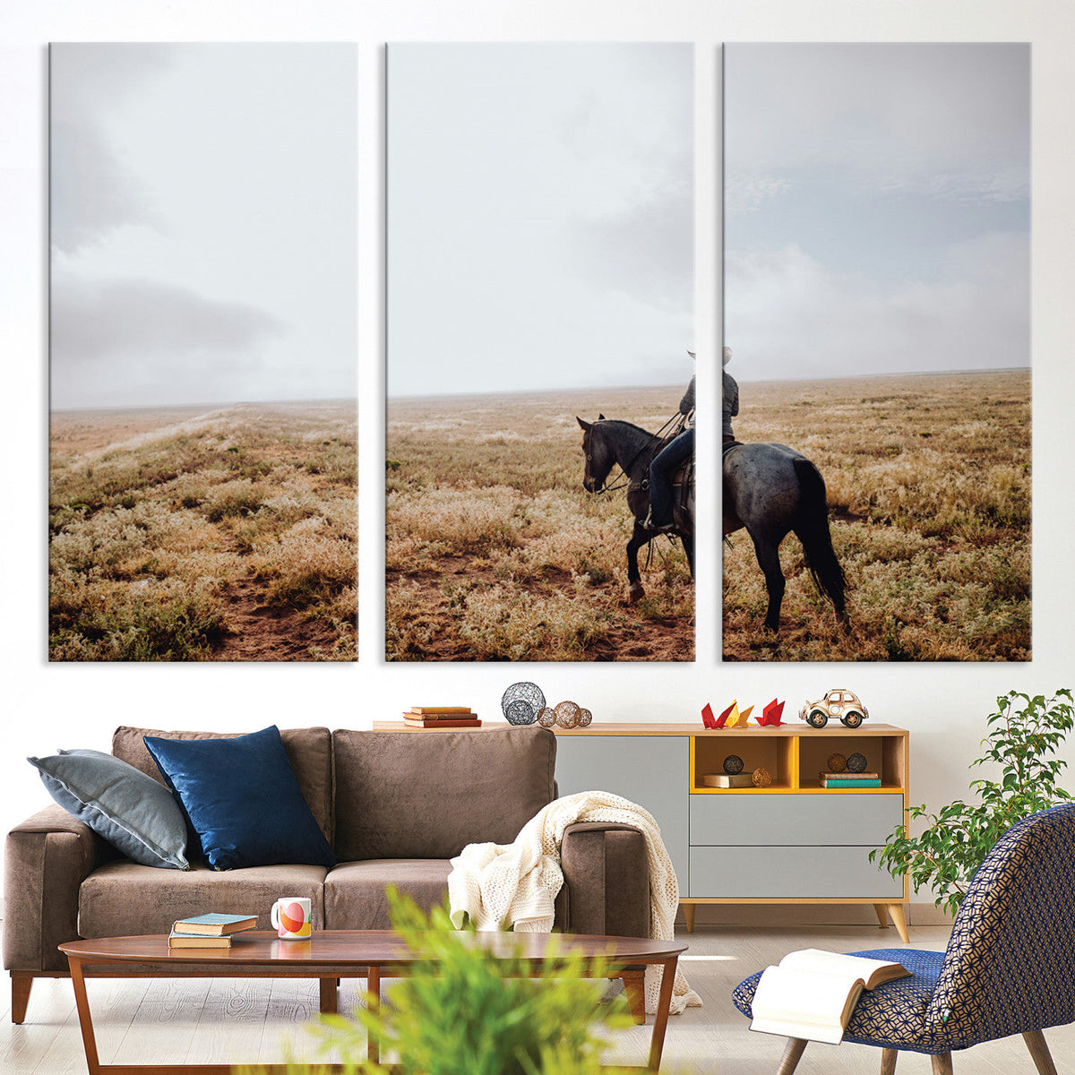 Cowboy Wall Art Canvas Print, Framed Western Rustic Ranch Scene
