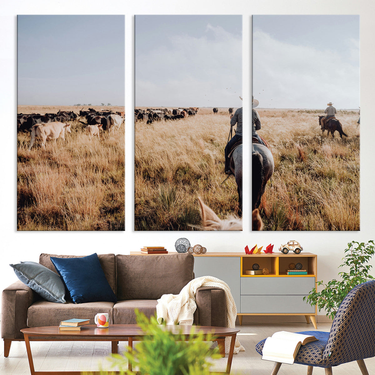 Western Wall Art Canvas Print, Framed Cowboy Cattle Drive Scene