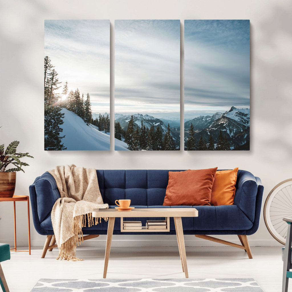 Snowy Mountains Wall Art Canvas Print, Framed Alpine Landscape Frosty Peaks Artwork