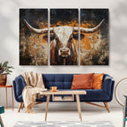 Abstract Longhorn Bull Wall Art Canvas Print, Vintage Western Texas Steer Artwork