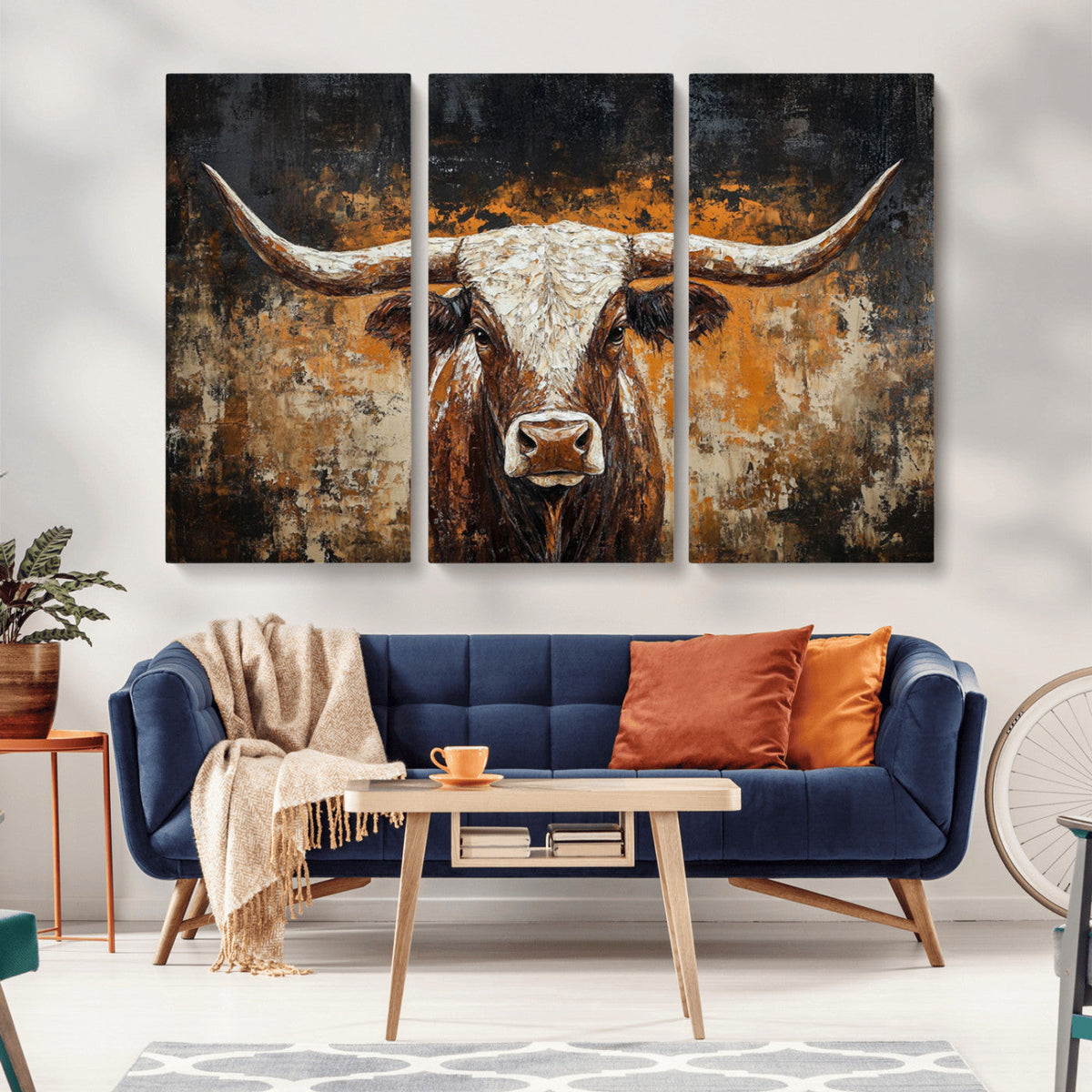 Abstract Longhorn Bull Wall Art Canvas Print, Vintage Western Texas Steer Artwork