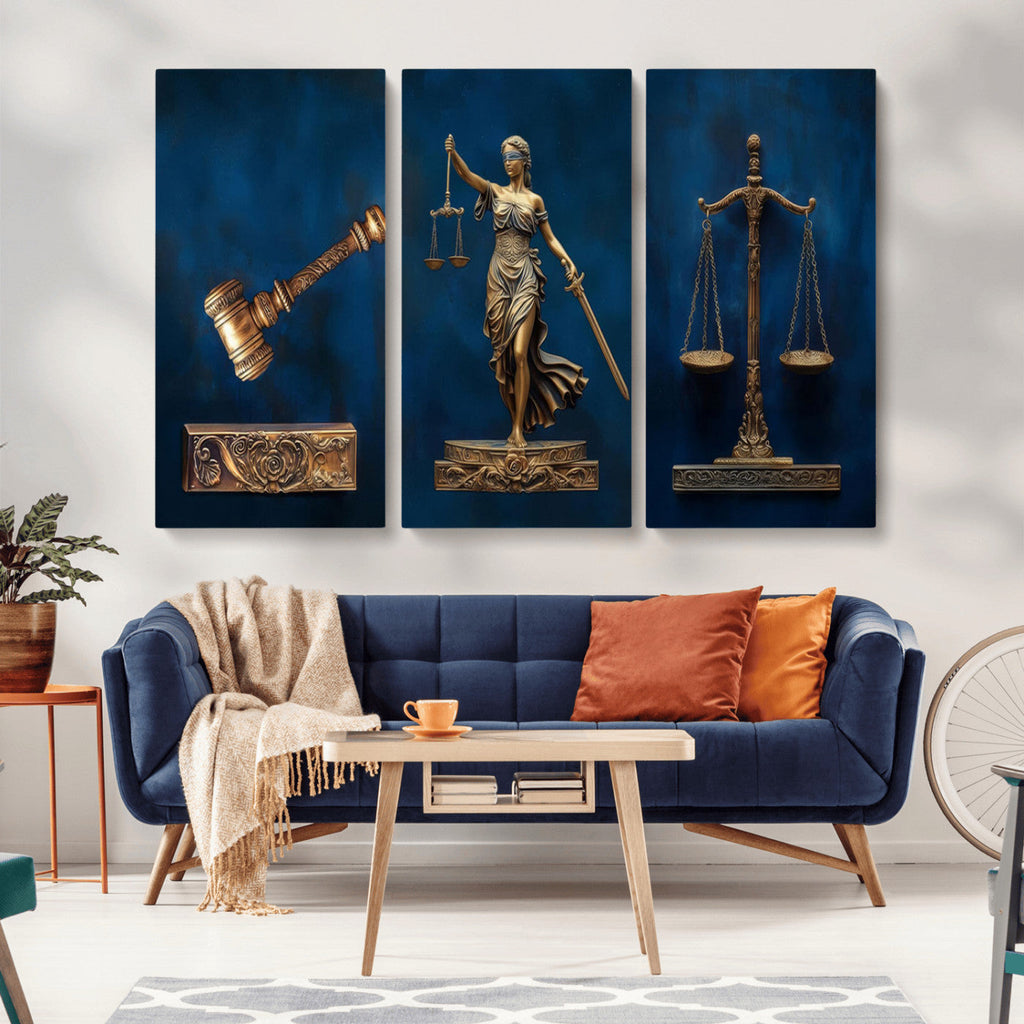 Lady Justice Wall Art Canvas Print, Elegant Gold Legal Symbols on Blue, Law Office Decor