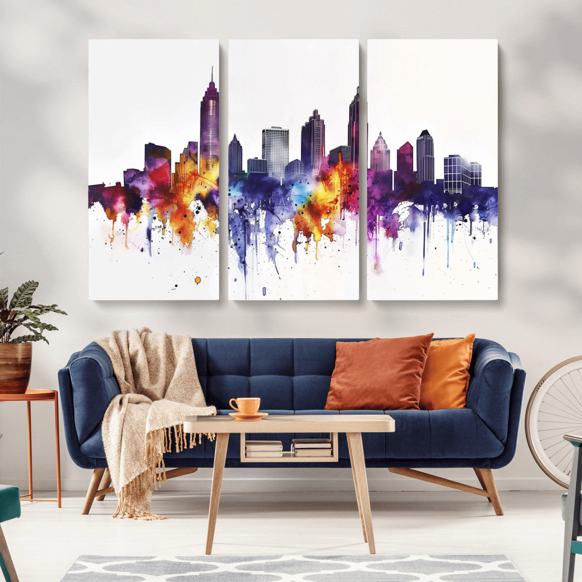 Atlanta Skyline Wall Art Canvas Print, Framed Colorful Watercolor Cityscape