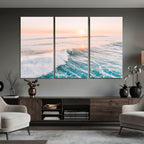 Sunset Surfing Wall Art Canvas Print, Ocean Wave Surfer with Golden Sky