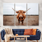 Longhorn Bull Wall Art Canvas Print, Framed Rustic Decor