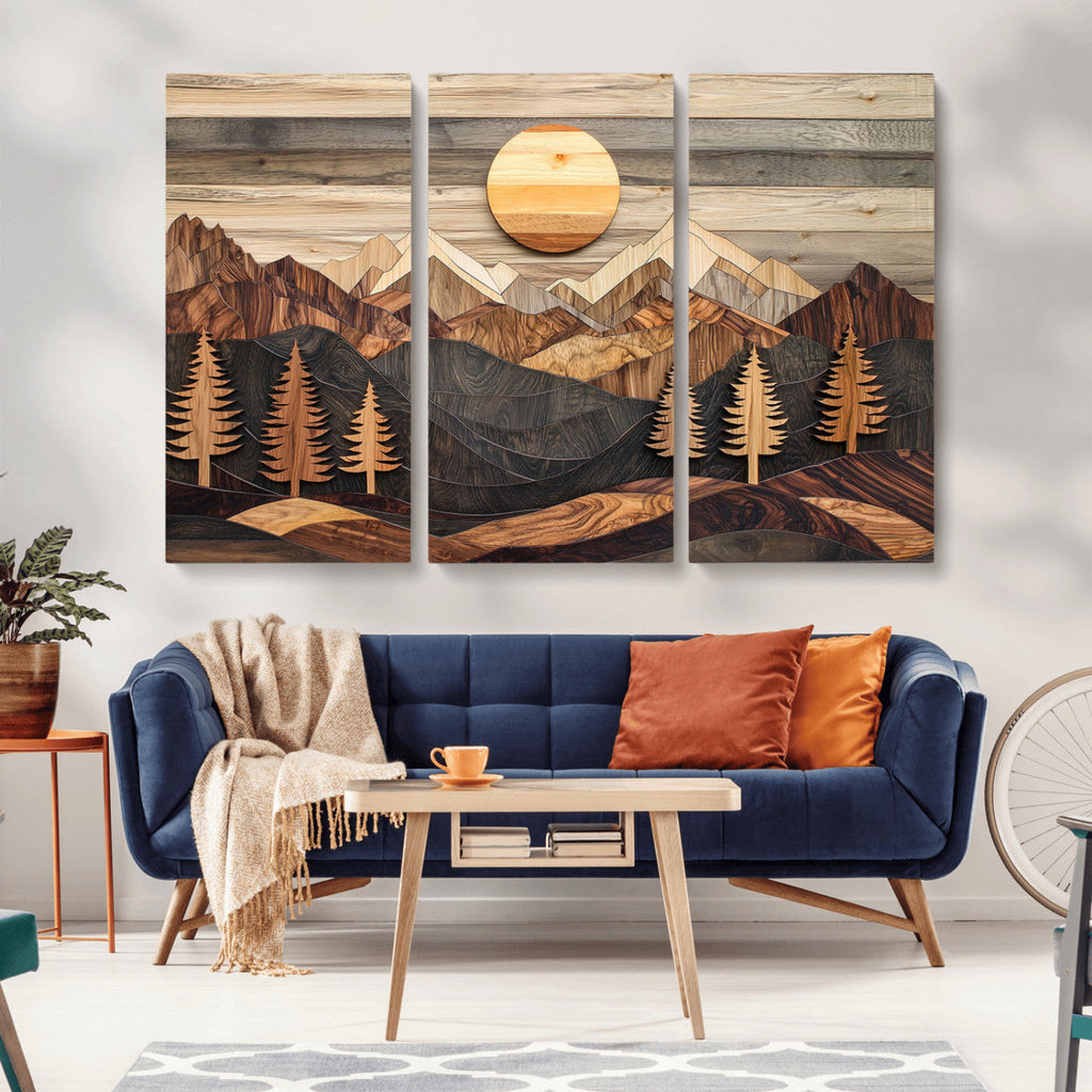 Wooden Mountain Layers Art | Rustic Pine Tree Landscape