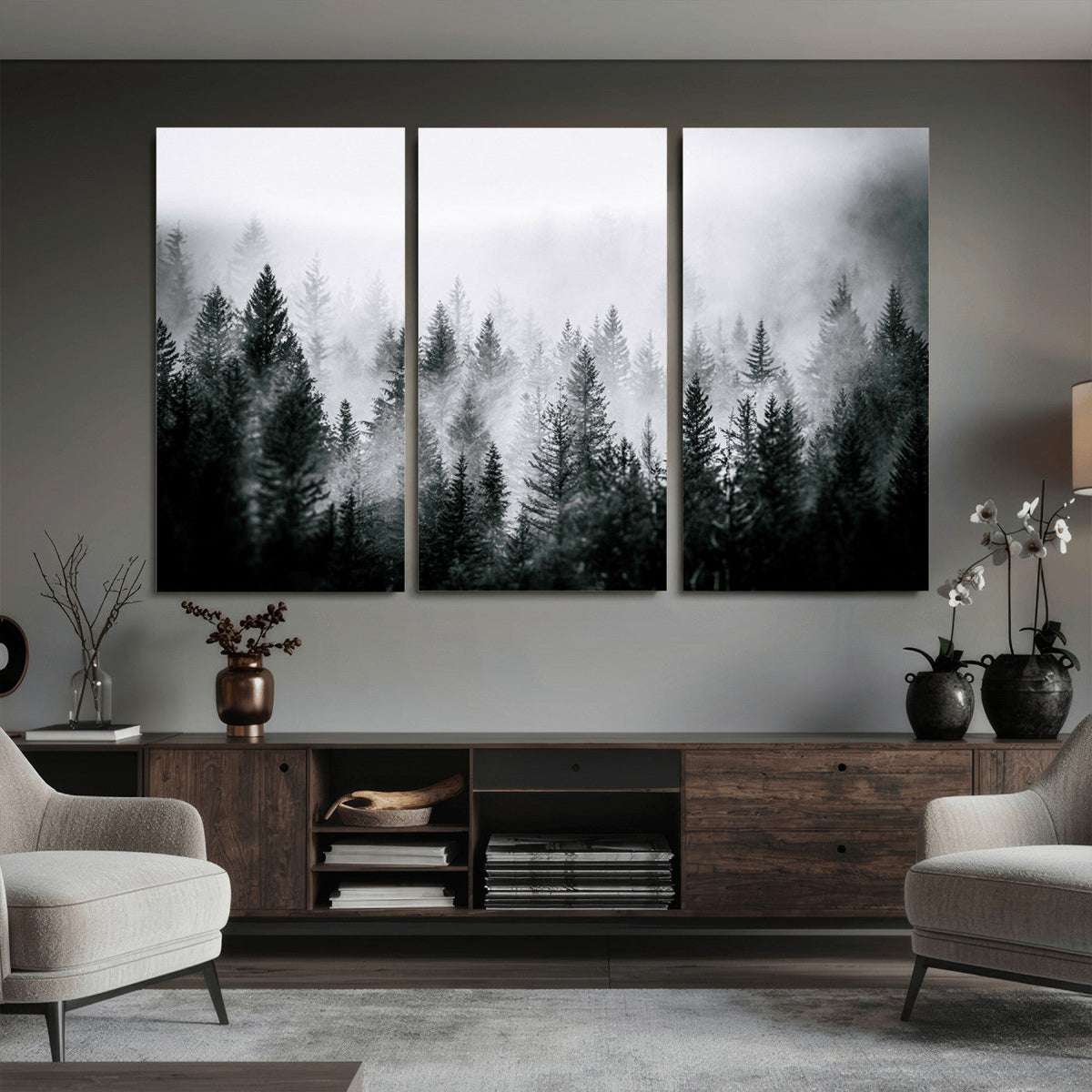 Foggy Forest Wall Art Canvas Print, Mountain Woodland Landscape, Minimal Nature Decor