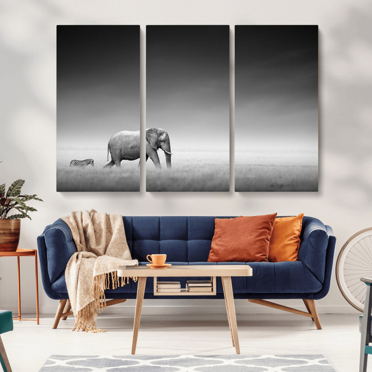 Elephant and Zebra Wall Art Canvas Print, Modern Artwork