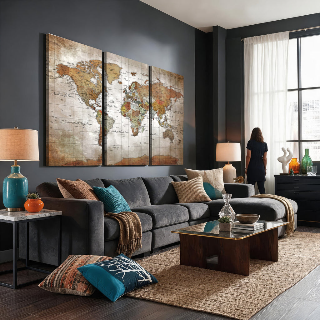 Vibrant Watercolor World Map Canvas Wall Art | Framed Travel Map