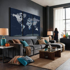 Blue Detailed World Map Wall Art Canvas Print | Modern Framed Map