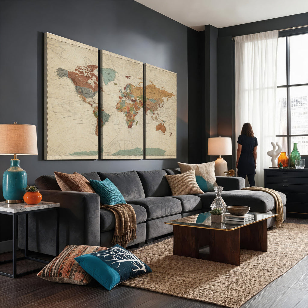 Vintage World Map Canvas Wall Art Print | Framed Modern World Map