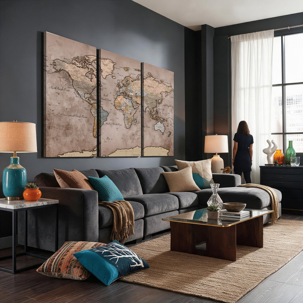 Grunge World Map Canvas Wall Art - Vintage Aged World Map with Golden Tones