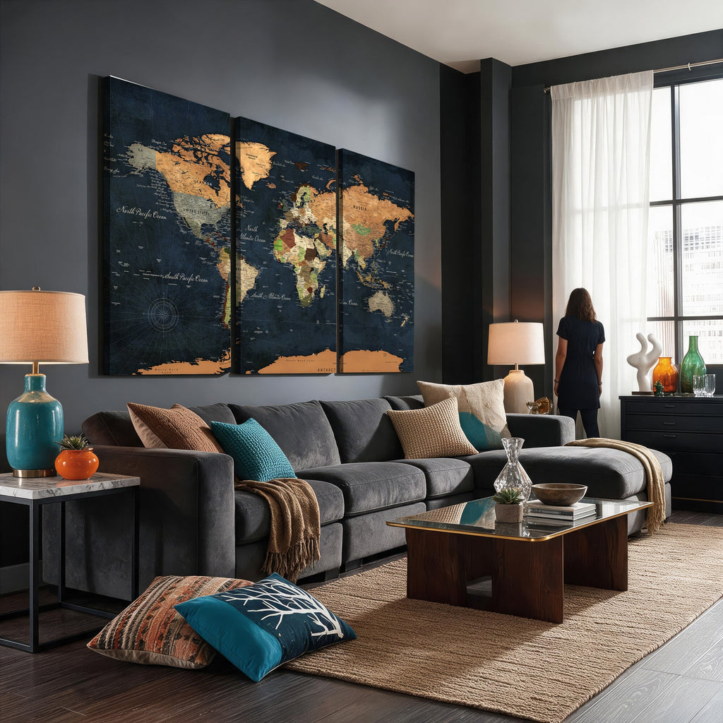 Vintage World Map Canvas Wall Art | Detailed Map with Countries, Oceans and Continents