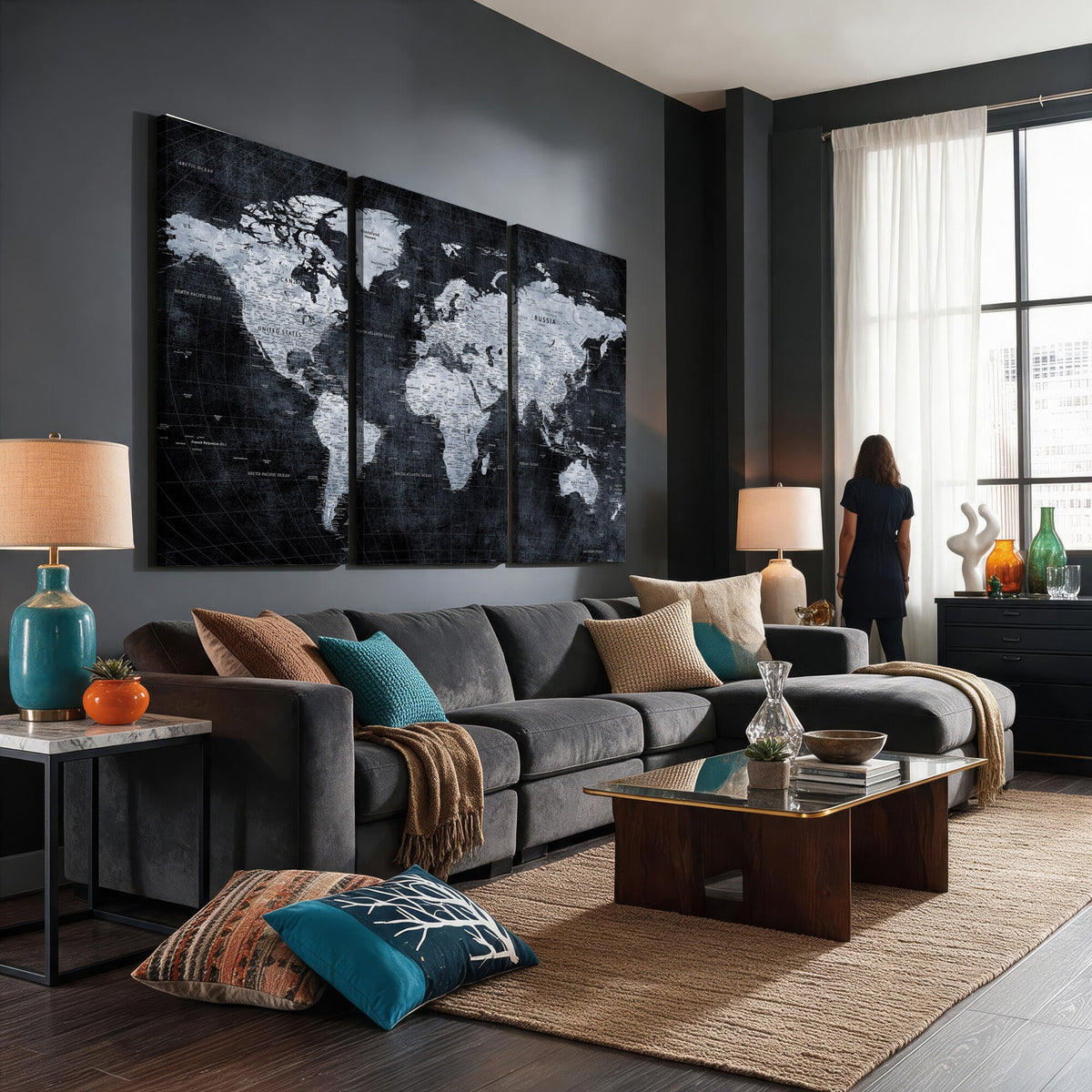 Black World Map Canvas Print | Detailed Map for Couples and Anniversary Gift