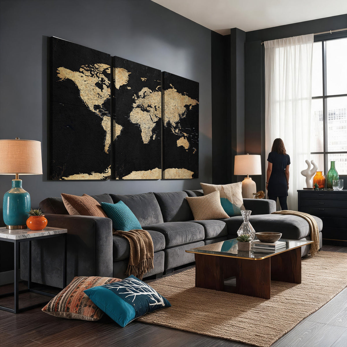 Beige World Map Canvas Wall Art Print, Minimal Black and Beige Map