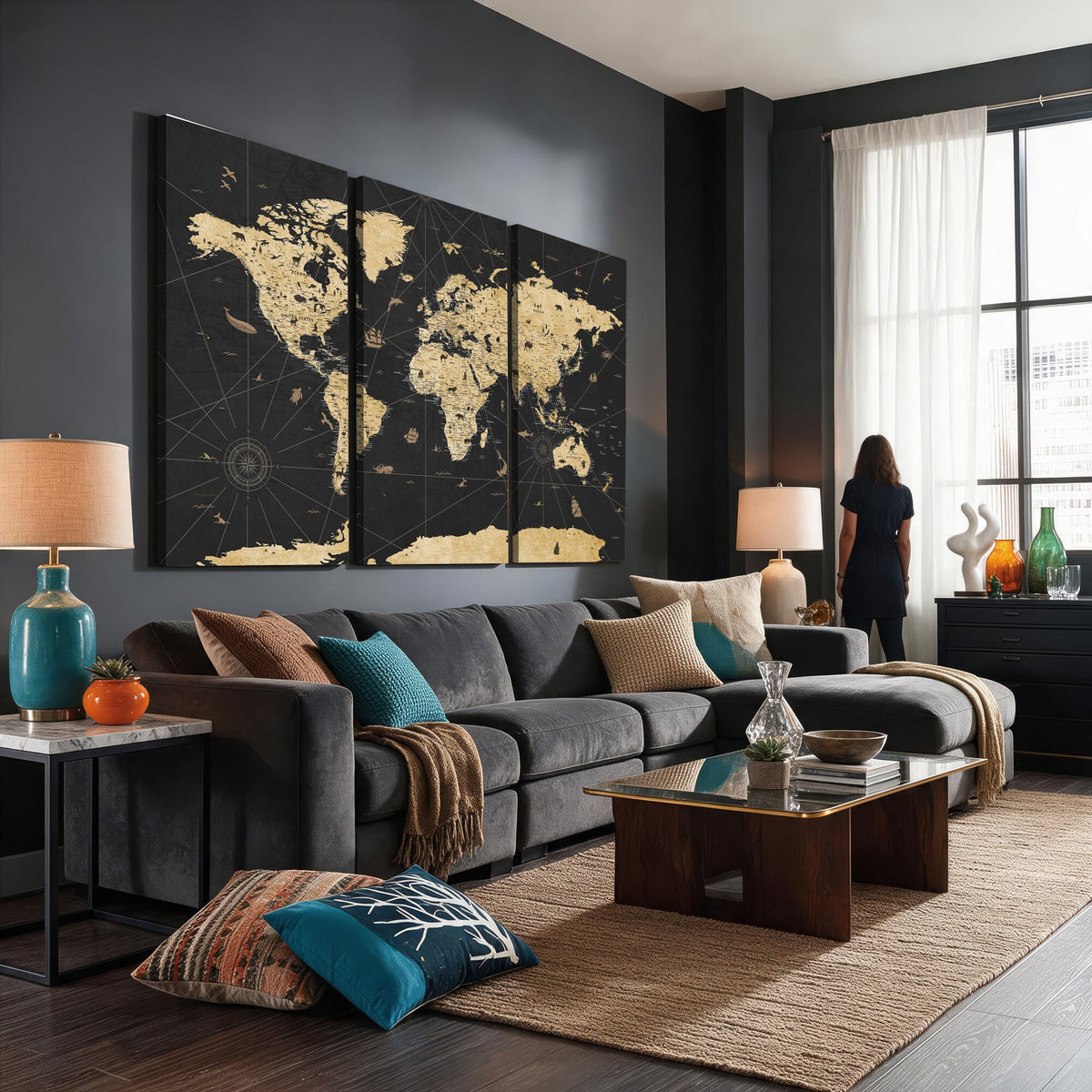 Vintage Blue and Brown World Map Canvas Wall Art | Framed Rustic Map Print