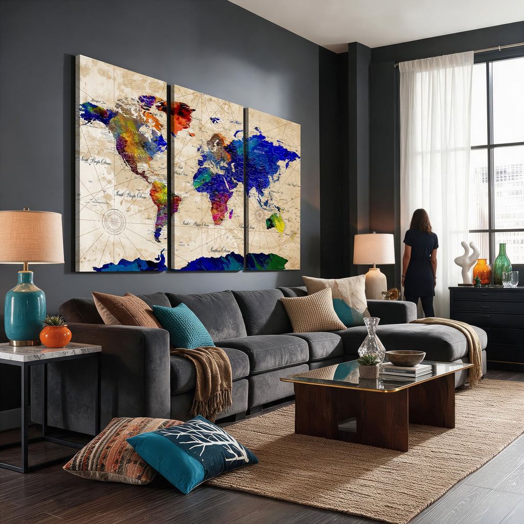 Watercolor World Map Canvas Print | Framed Wall Art for Couples