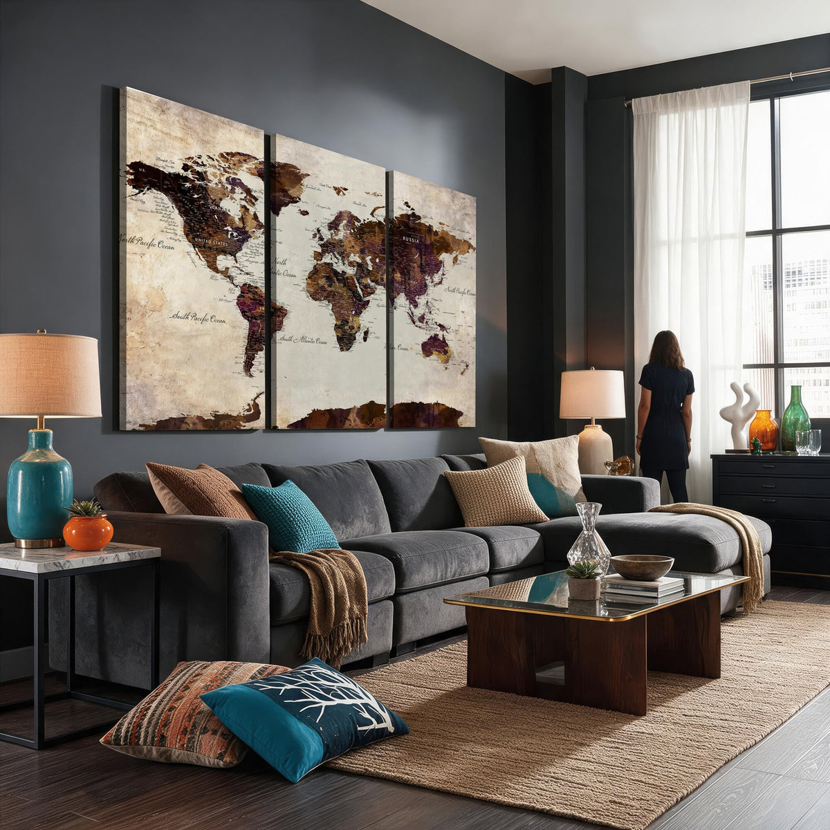 World Map Canvas Triptych | Colorful Global Wall Art for Living Rooms