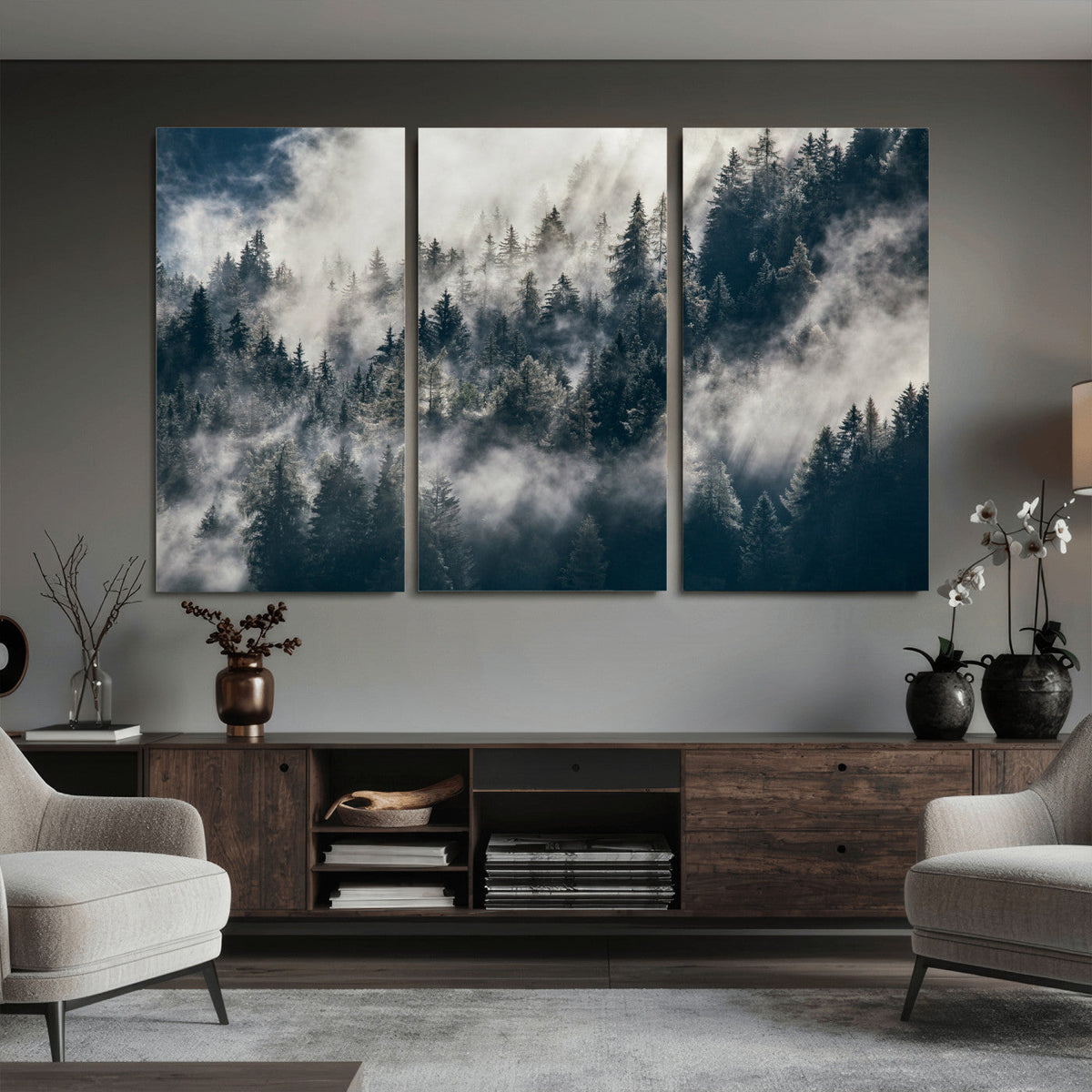 Foggy Mountain Forest Canvas Print, Misty Pine Trees Nature Wall Art