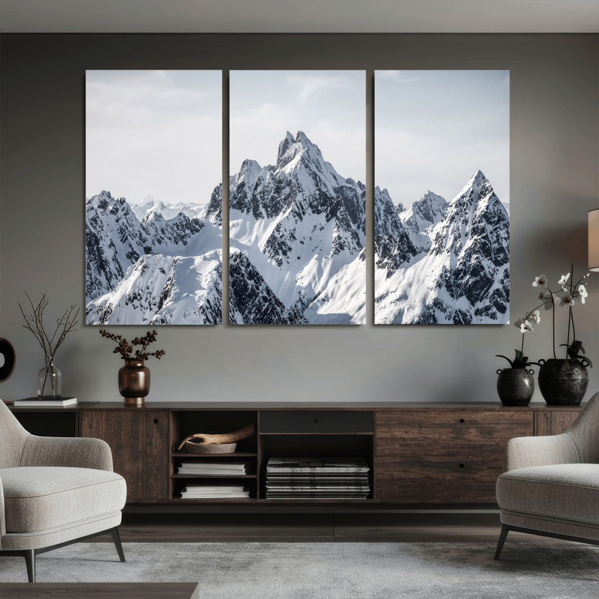Snowy Mountain Range Canvas Print, Alpine Peaks Landscape Wall Art